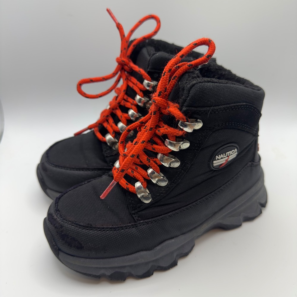 Nautica Kids Black Red Winter Snow Boots Fleece Lined Side Zip Size 11 Toddler
